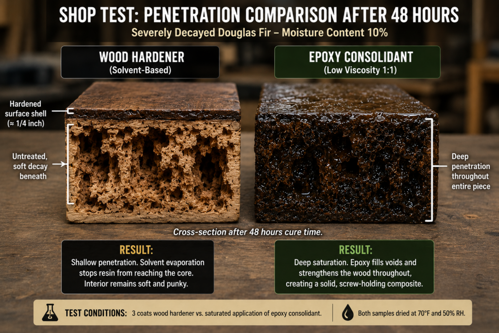 Comparison test of wood hardener and epoxy consolidant penetration in rotten wood