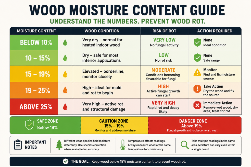 Wood moisture content chart showing safe levels and wood rot danger thresholds