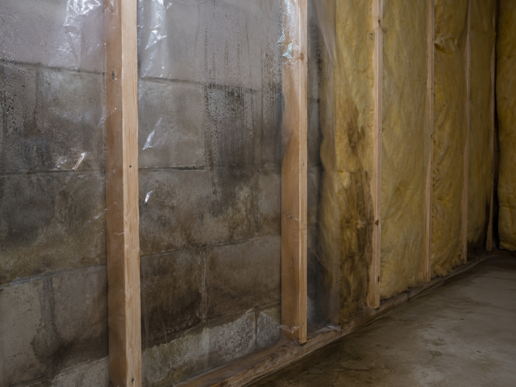 Plastic vapor barrier trapping moisture behind basement framing and fiberglass insulation