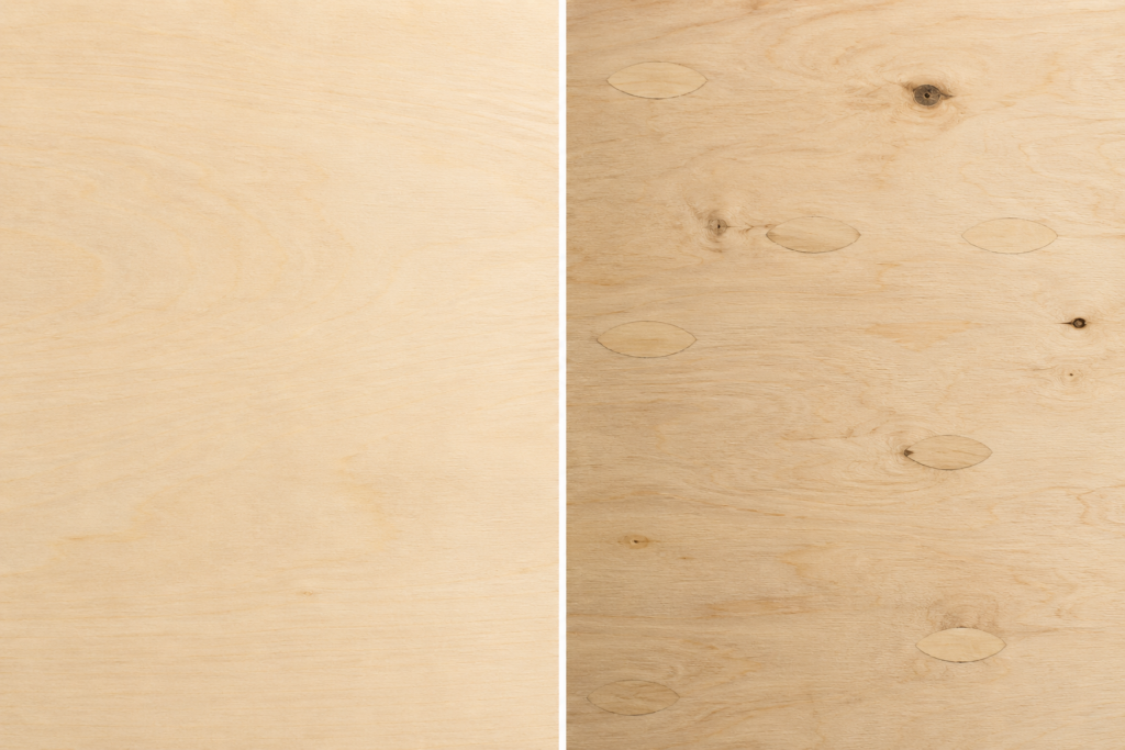 Close-up comparison of smooth AC plywood and patched BC plywood faces