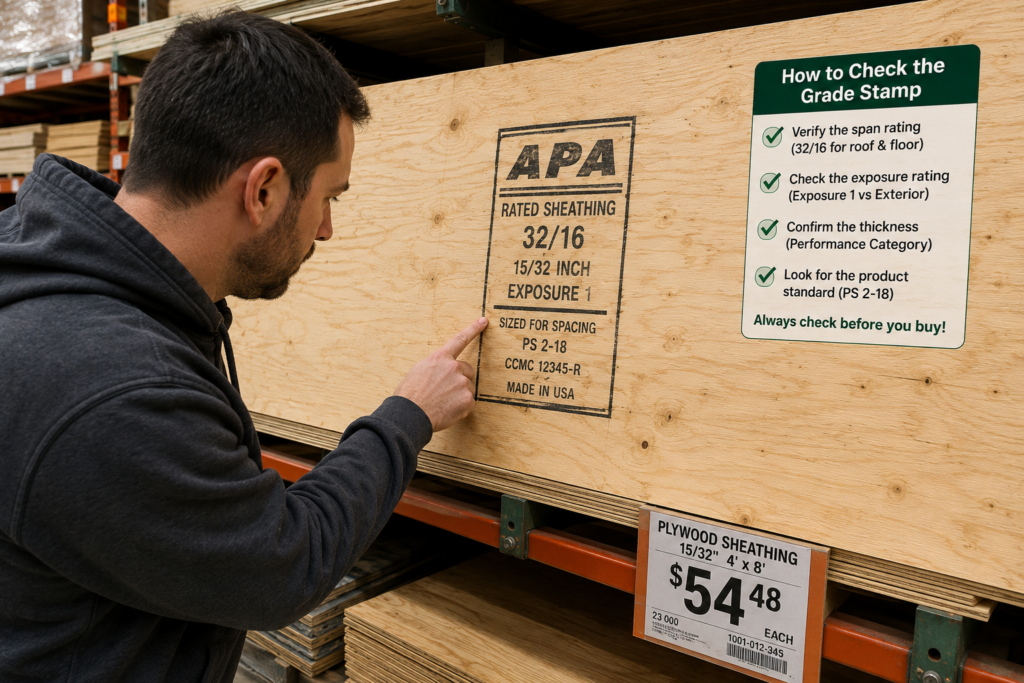 Checking a plywood grade stamp before buying plywood