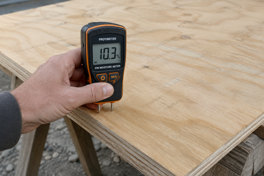 Pin moisture meter checking whether exterior plywood is dry before sealing