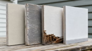 Exterior Plywood Lifespan: How Long Each Type Lasts Outdoors exterior plywood panels showing different levels of weather exposure, maintenance and edge deterioration