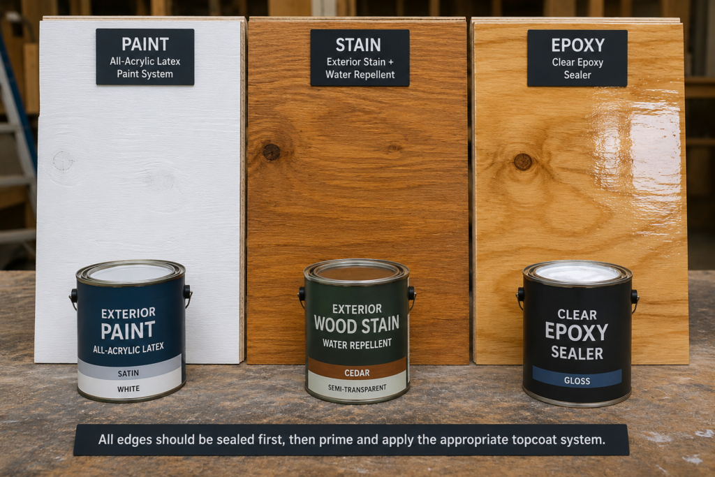 Exterior plywood finished with paint, stain, and epoxy for sealer comparison