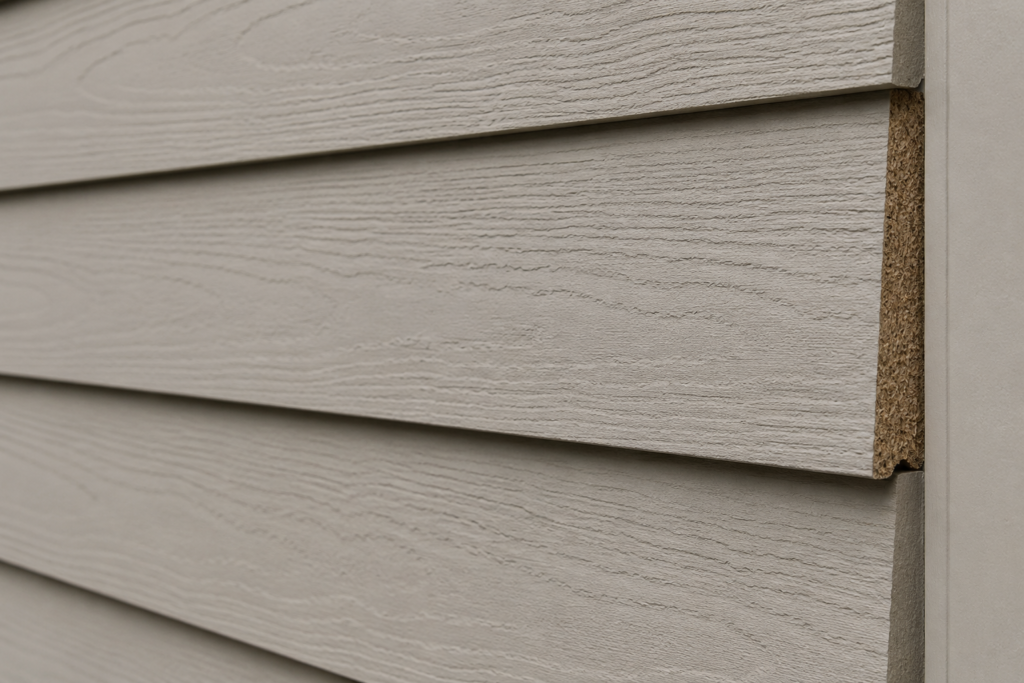 Engineered wood lap siding samples showing the embossed surface and compressed wood-strand core