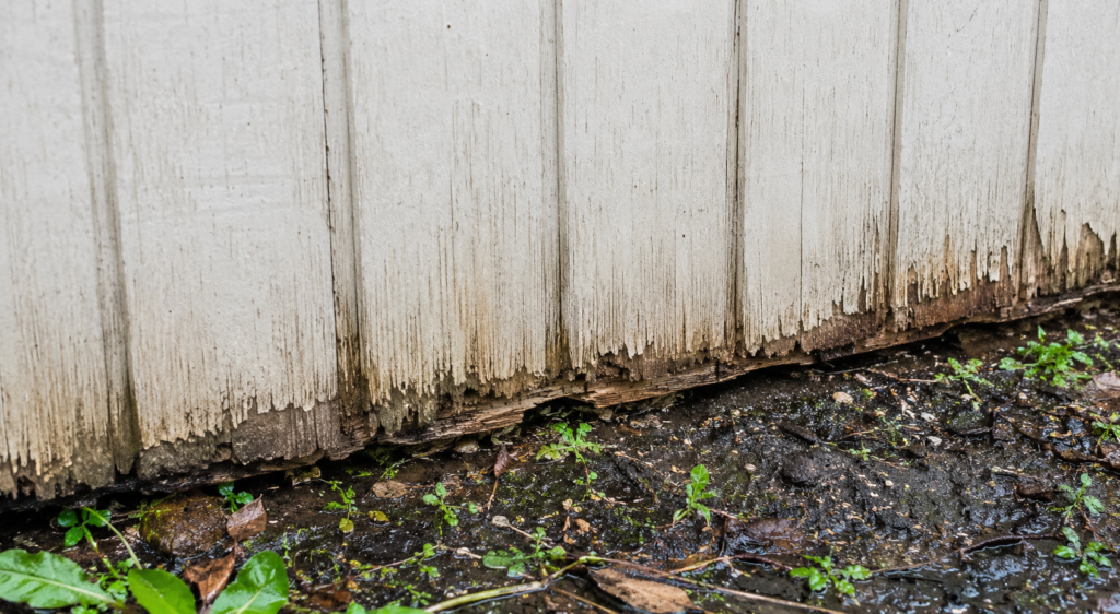 Moisture-damaged T1-11 siding with rot and peeling paint along the bottom edge