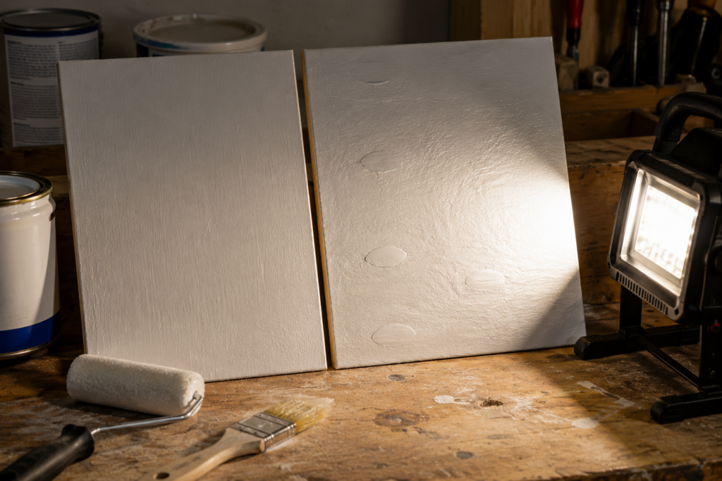 Painted AC and BC plywood panels inspected under low-angle raking light