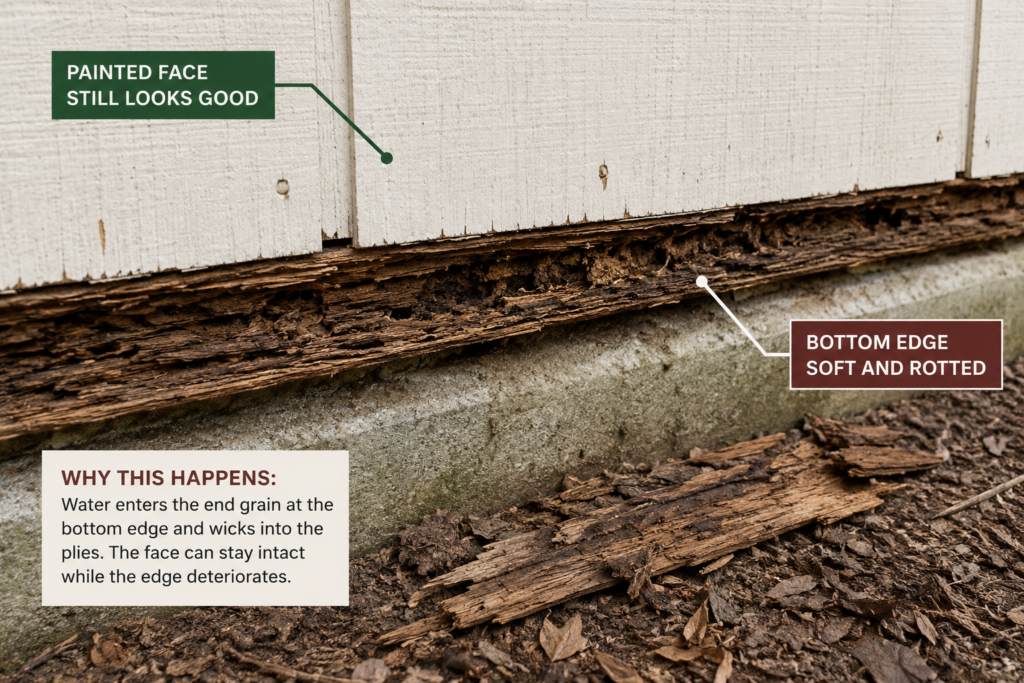 rotted bottom edge of exterior plywood siding while the painted face above still appears intact