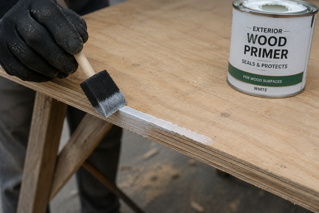 Freshly cut plywood edge being resealed with primer before installation