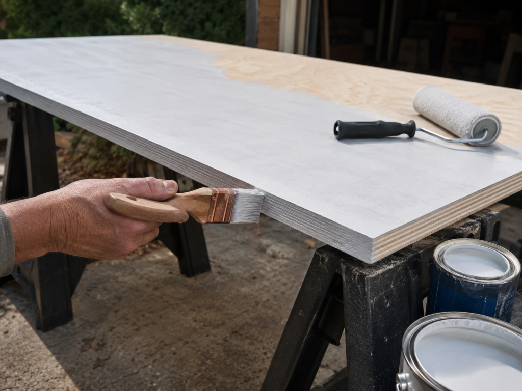 Exterior primer being applied to plywood faces and cut edges