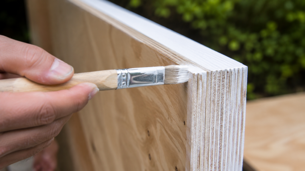 Applying exterior primer to exposed plywood edges with a small brush.
