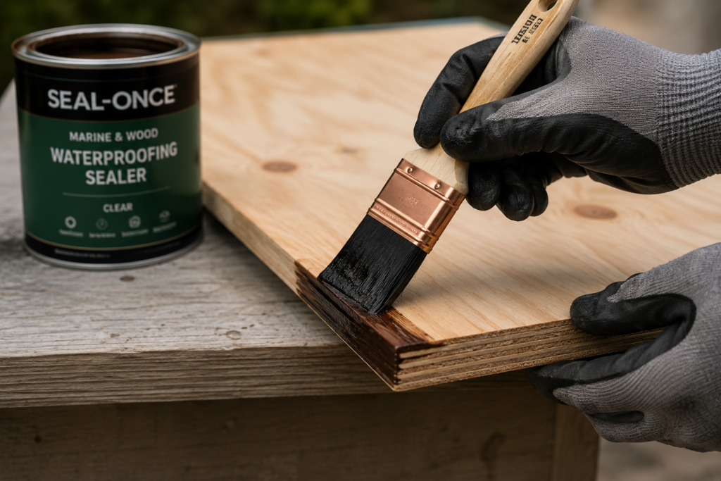 person sealing the exposed edge of plywood with waterproof wood sealer before outdoor installation