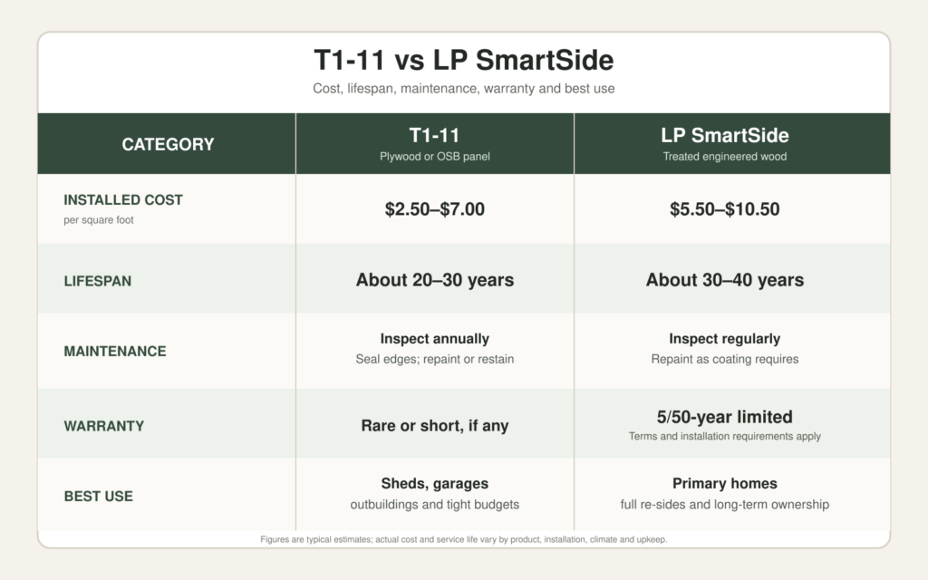 T1-11 vs LP SmartSide comparison of installed cost, lifespan, maintenance, warranty and best uses
