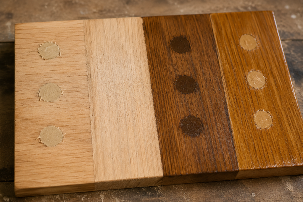 Wood filler and stain compatibility test performed on a scrap board