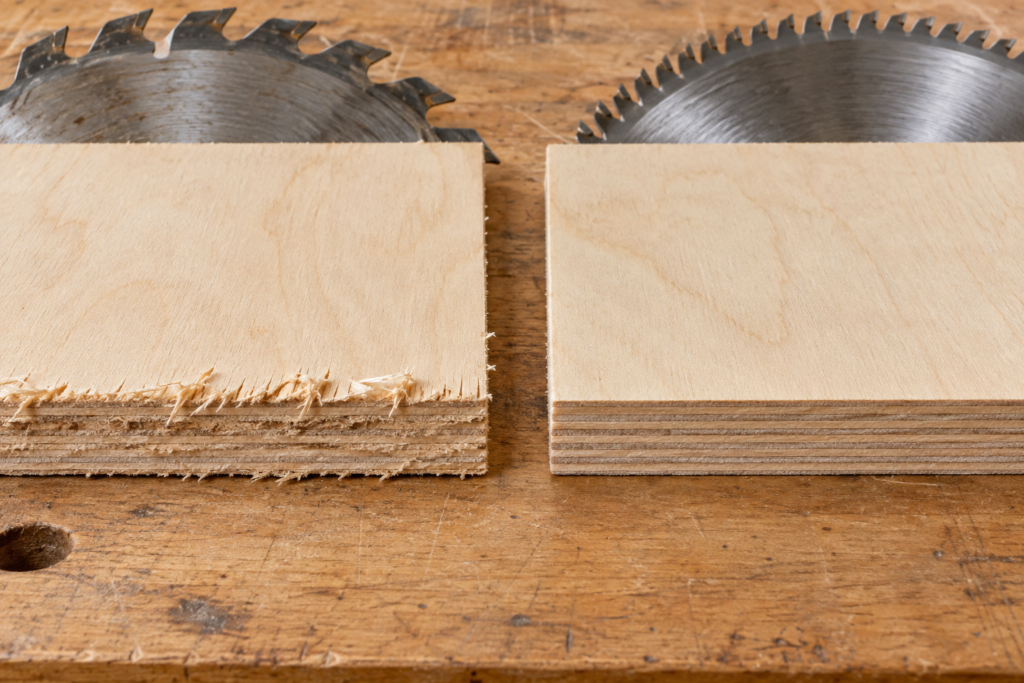 Plywood tearout from a coarse blade compared with a clean 60-tooth blade cut