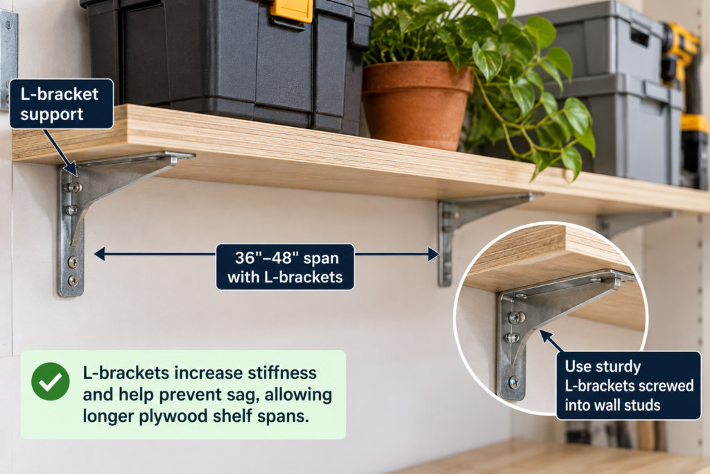 3/4-inch plywood shelf span supported with heavy-duty wall brackets to reduce sag on longer shelves