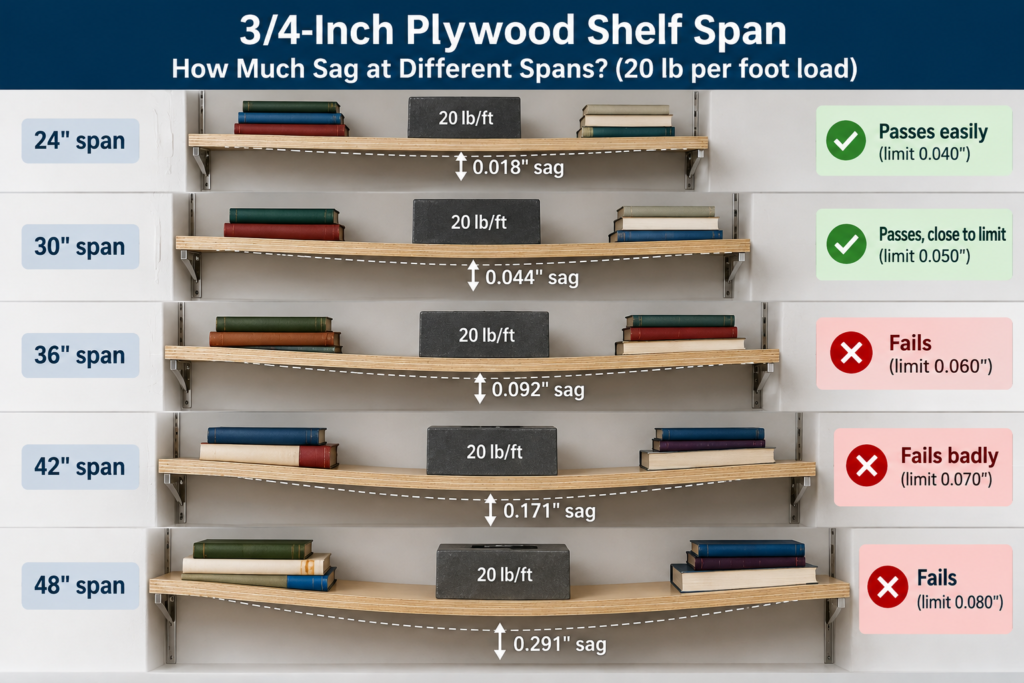 3/4-inch plywood shelf span comparison showing sag at 24, 30, 36, 42, and 48 inches under a 20 lb per foot load