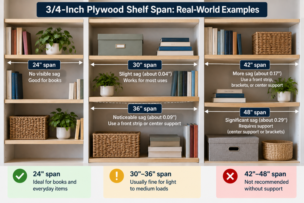 3/4-inch plywood shelf span examples showing sag at 24, 30, 36, 42, and 48 inches