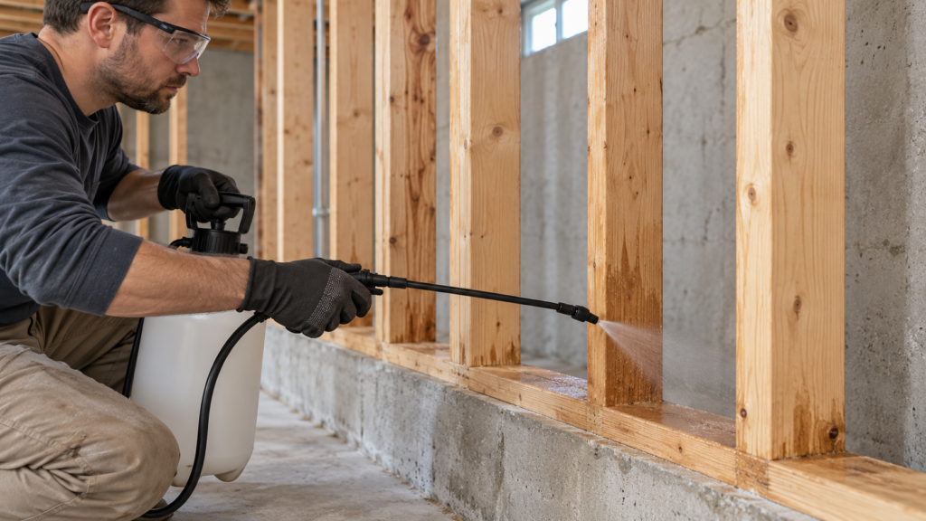 Person wearing gloves and safety glasses spraying borate treatment on bare wood studs.
