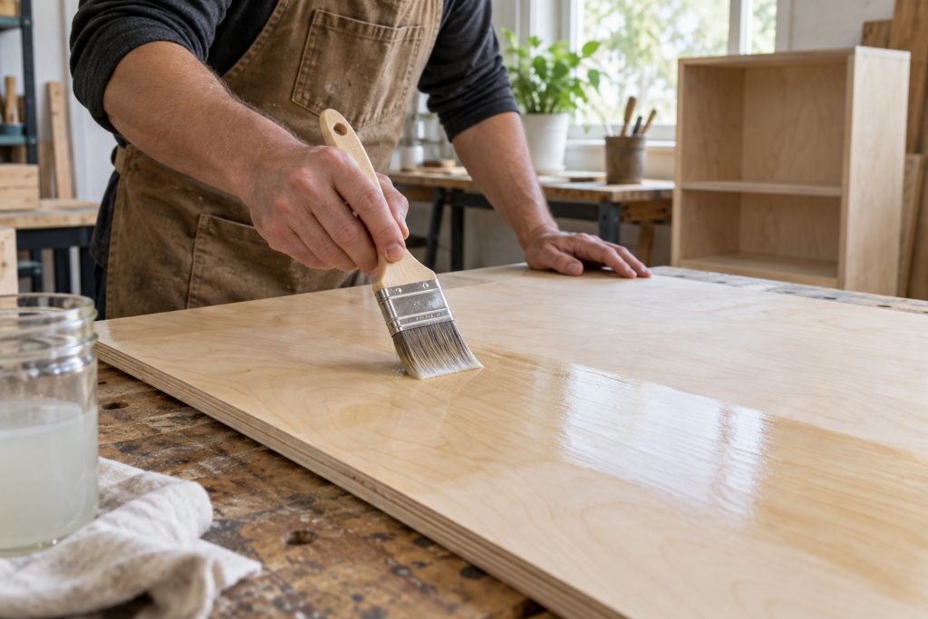 Applying a clear finish to furniture-grade plywood for an indoor project