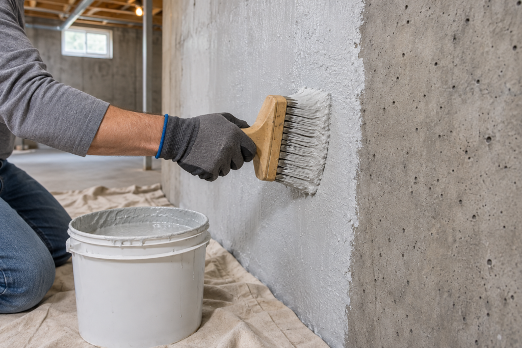 Masonry waterproofer being worked into a porous concrete basement wall with a stiff brush.