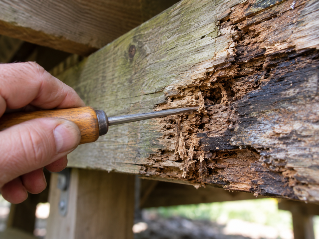Awl probe test checking soft rotted wood on a structural framing member