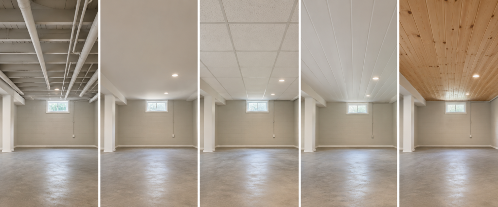 Five basement ceiling finishes shown side by side: exposed joists, drywall, drop ceiling tiles, PVC panels, and wood planks.