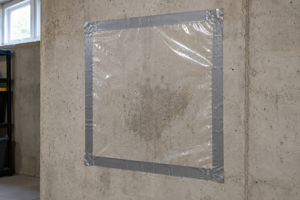 Plastic sheet taped to a concrete basement wall to test for moisture