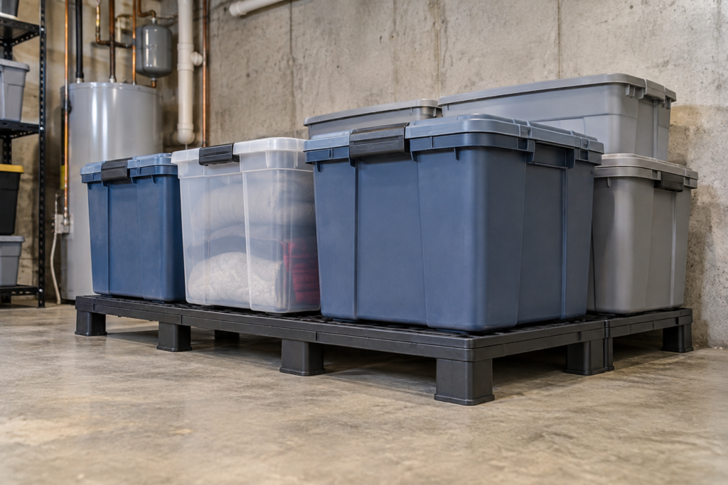 Sealed plastic storage totes elevated above a concrete basement floor on nonabsorbent platforms
