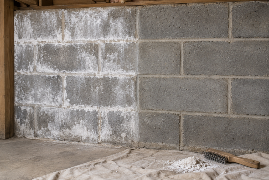 Concrete-block basement wall showing white efflorescence before cleaning and bare masonry after dry brushing.