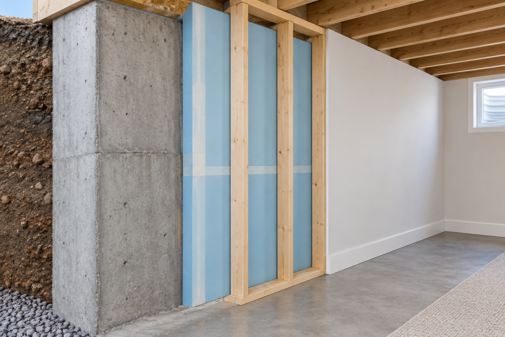 Basement wall cutaway showing concrete, rigid foam insulation, wood framing and finished drywall.
