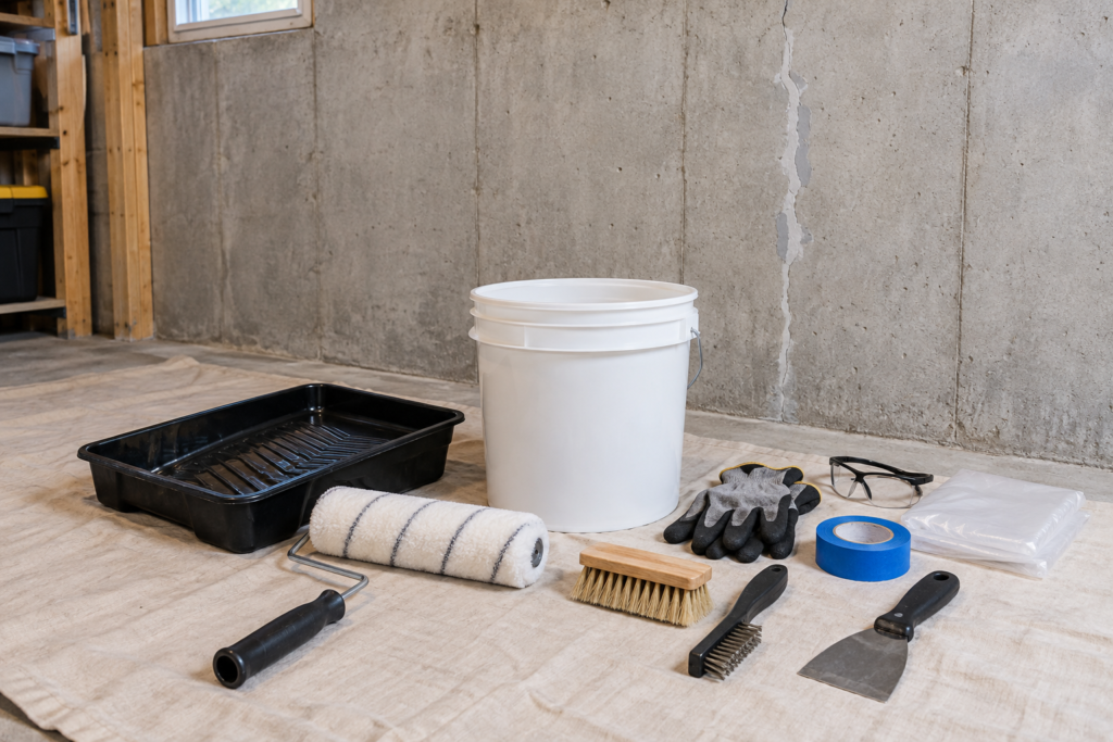 Masonry-painting tools and supplies arranged beside a cleaned and repaired concrete basement wall.
