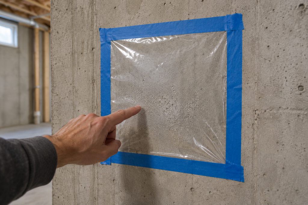 Condensation beneath clear plastic sheeting taped tightly to a concrete basement wall