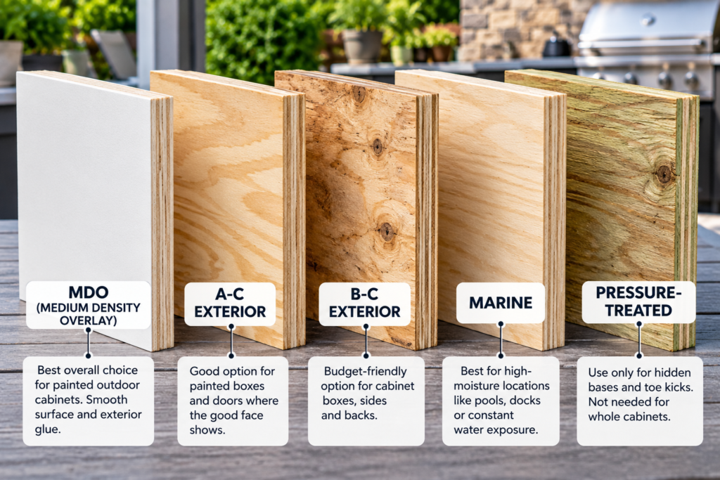 Best plywood for outdoor cabinets comparison showing MDO, A-C exterior, B-C exterior, marine, and pressure-treated plywood