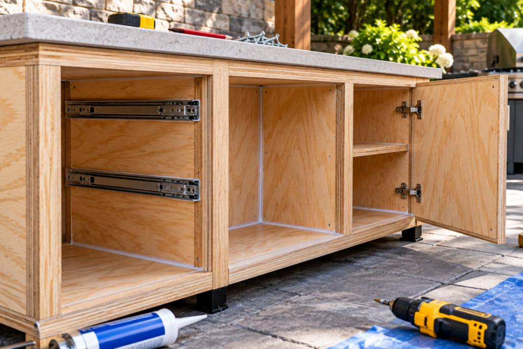 Best plywood for outdoor cabinets shown during outdoor cabinet construction with exposed plywood edges and hardware