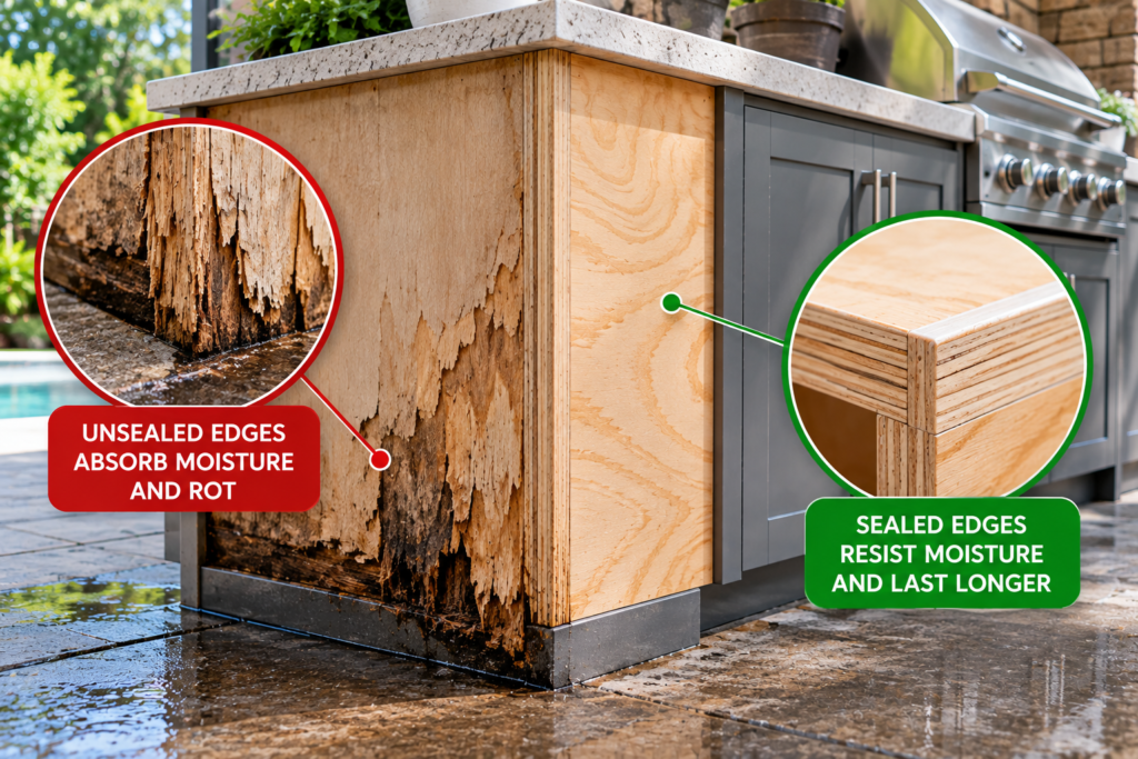 Best plywood for outdoor cabinets showing sealed versus unsealed edges and moisture damage