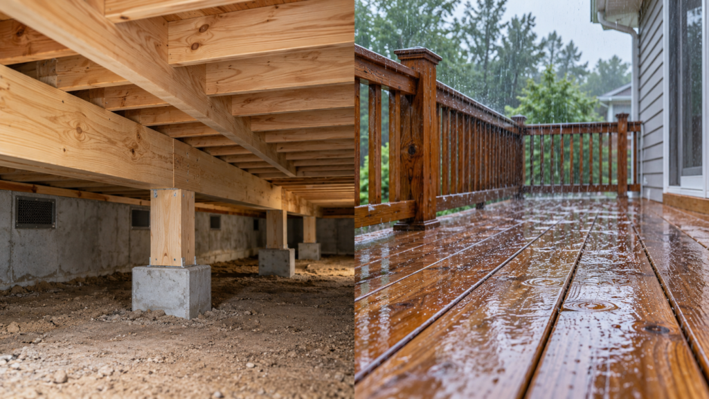 Dry crawlspace framing compared with deck boards exposed to rain.