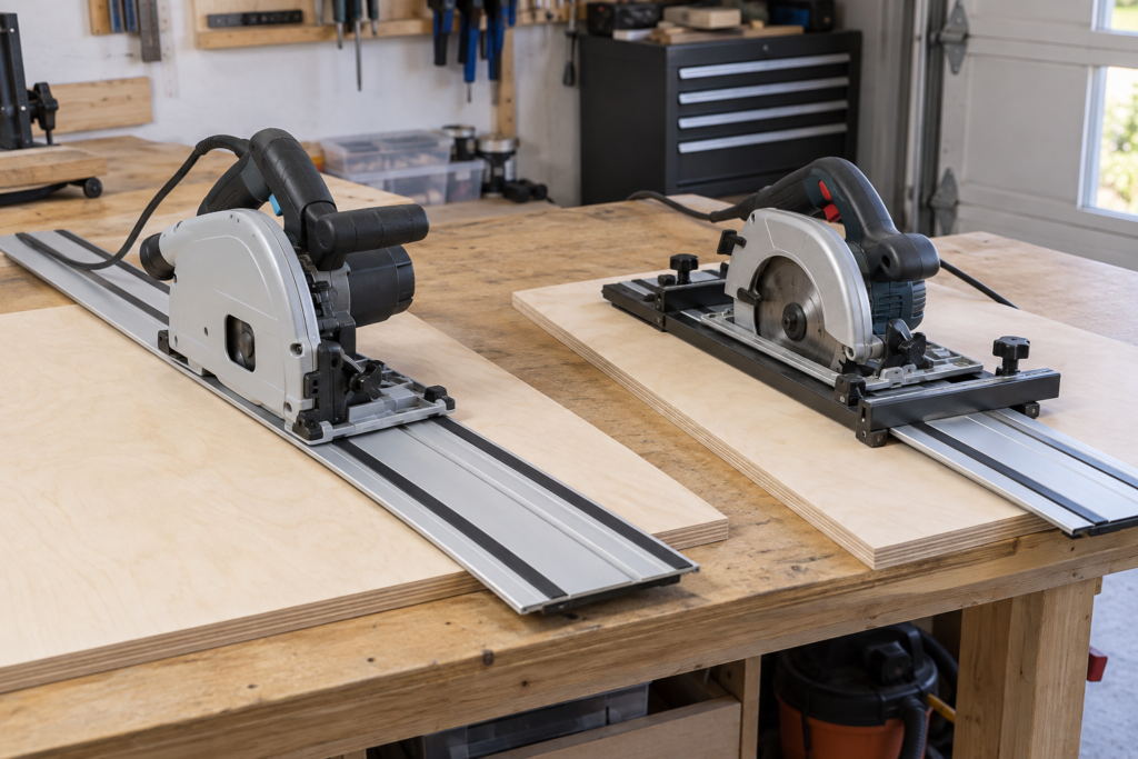 Budget plunge track saw compared with a circular-saw guide system
