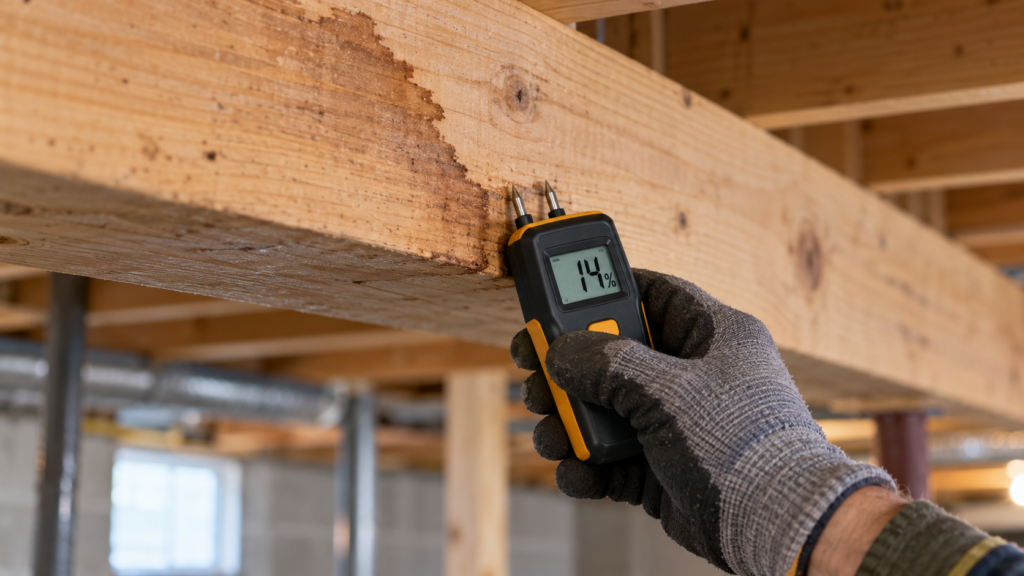 Pin-type moisture meter reading 14% on a wood joist near an old water stain.