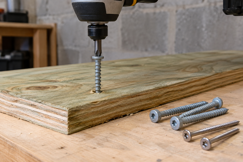 Corrosion-resistant structural screws used with pressure-treated plywood