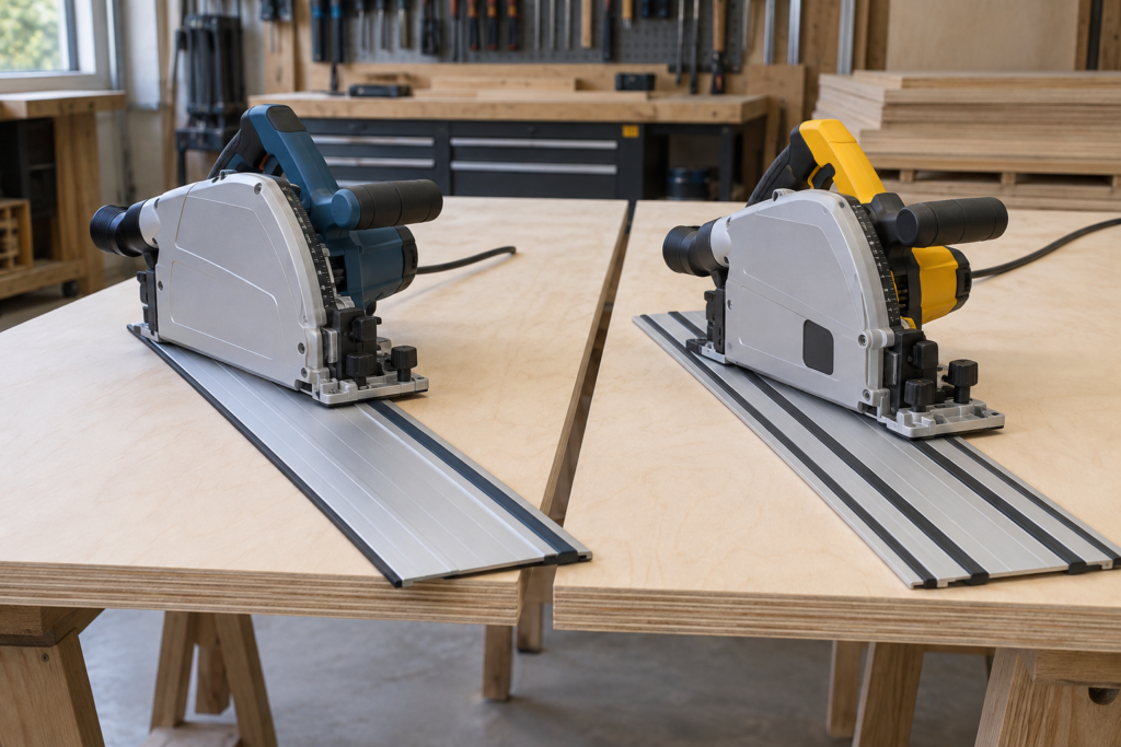 Two corded track saws with different guide-rail systems