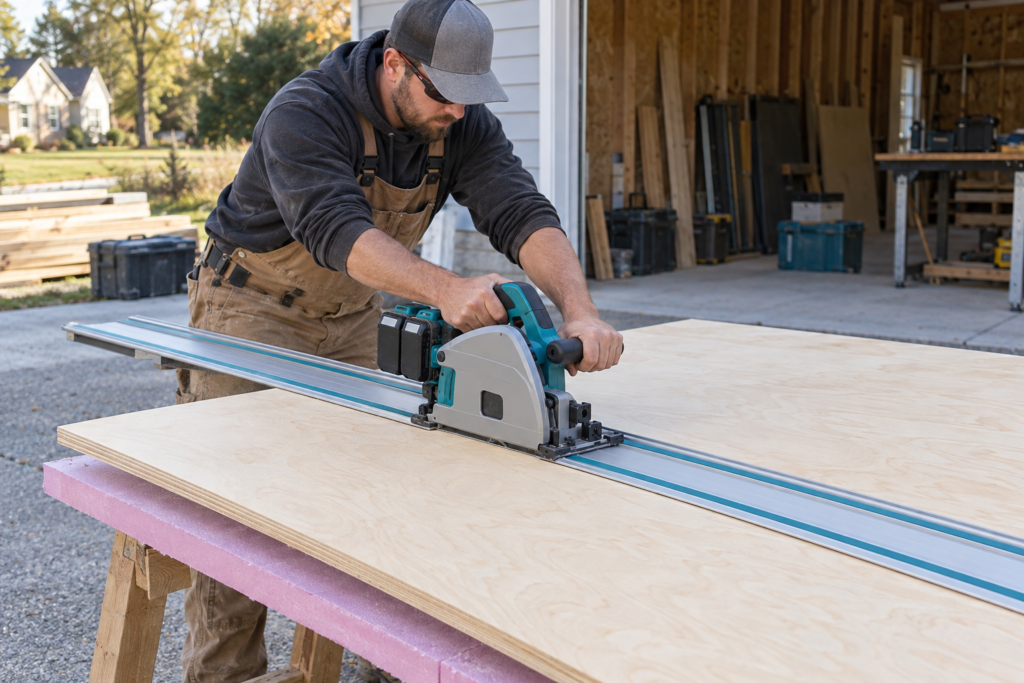 Cordless track saw cutting a full sheet of birch plywood outdoors