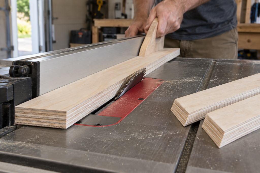 Cutting a 45-degree bevel in plywood for a French cleat wall