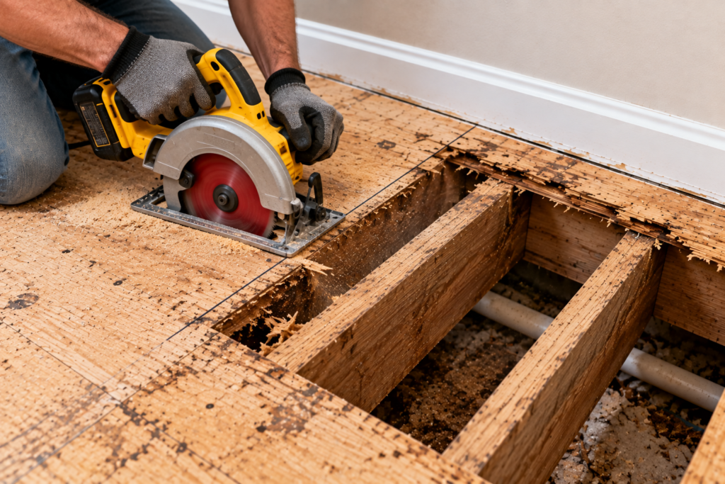 Circular saw cutting along marked lines to remove a rotted plywood subfloor section between floor joists