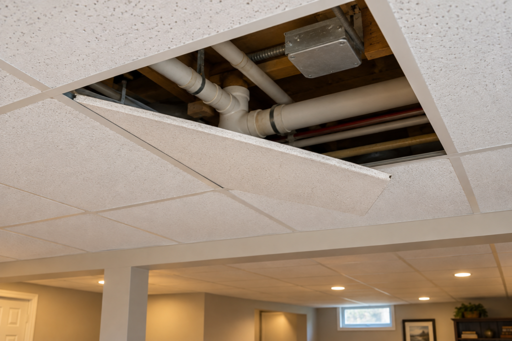 Lifted basement drop-ceiling tile reveals pipes and a covered electrical box above the grid