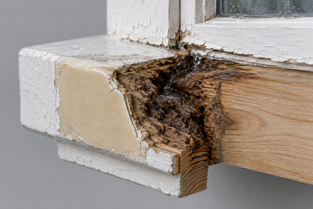 Failed epoxy wood patch with moisture and hidden decay behind it