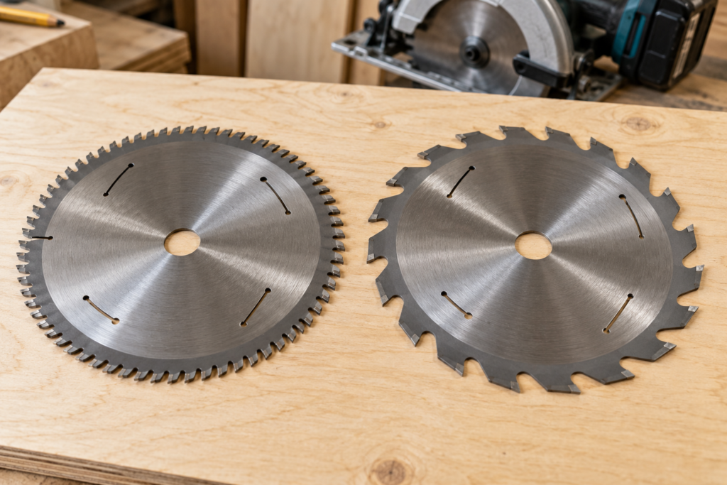 Fine-tooth plywood blade beside a coarse framing saw blade
