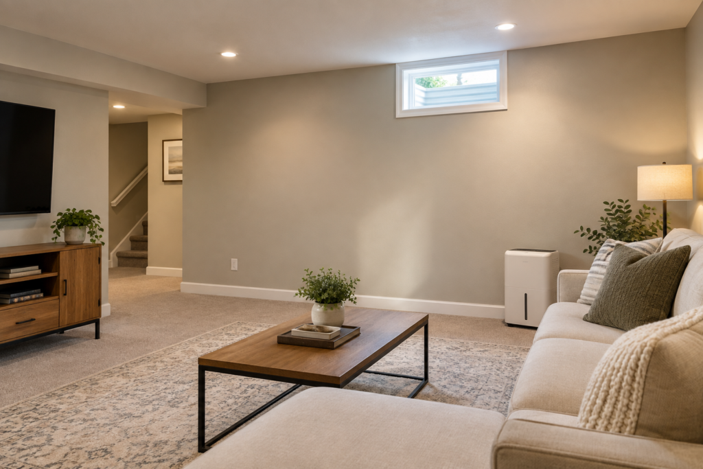Finished basement with smooth drywall walls coated in moisture-resistant eggshell paint.