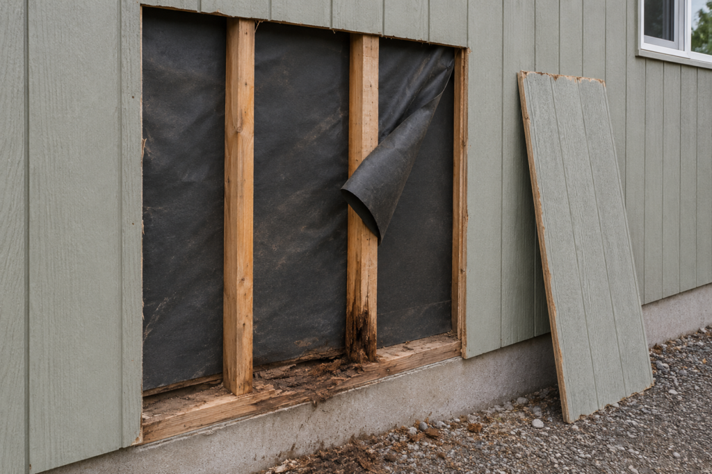 Removed T1-11 siding revealing the water-resistive barrier and hidden rot in the wall framing