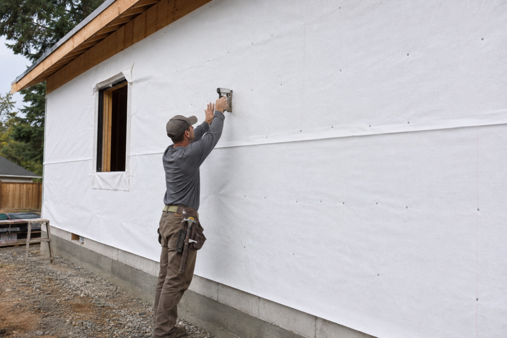 Contractor installing overlapping house wrap before T1-11 siding